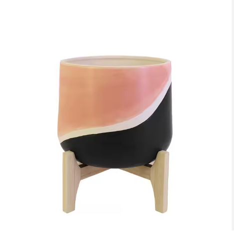 Colourful Ceramic Plant Pots with Wooden Stand