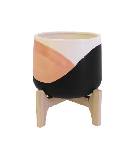 Colourful Ceramic Plant Pots with Wooden Stand
