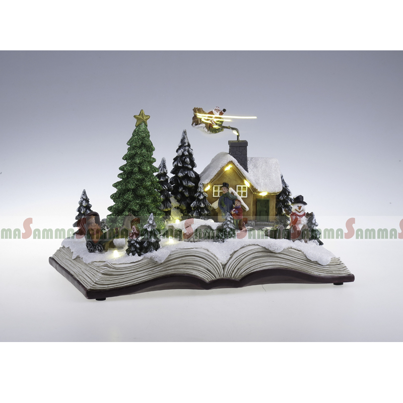 オープンブッククリスマスシーン、折り返しツリーとサンタのそり、LED点灯