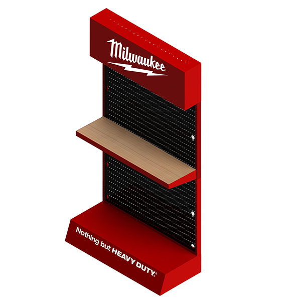 ツールのための棚が付いている赤い金属製のペグボードディスプレイスタンド