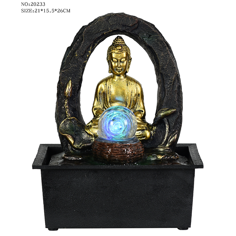 非常に素敵な樹脂卓上宗教仏陀噴水、屋内装飾用のガラスボール付き